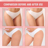A pink promotional graphic with four panels labeled BEFORE and AFTER use, showing a woman wearing white underwear in two different views to demonstrate a skincare or cosmetic result on the inner thighs.