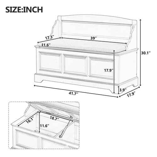 Measurement chart of a wooden storage bench with dimensions in inches.
