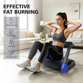 Woman using an exercise device in a living room with text about effective fat burning.