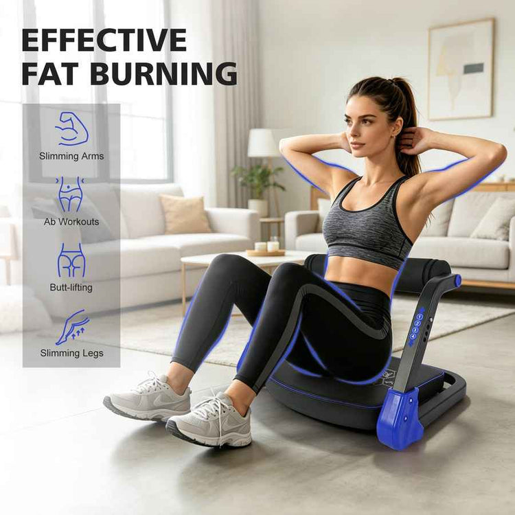 Woman using an exercise device in a living room with text about effective fat burning.