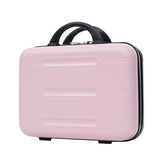 Pink makeup case with black handle and base on a white background
