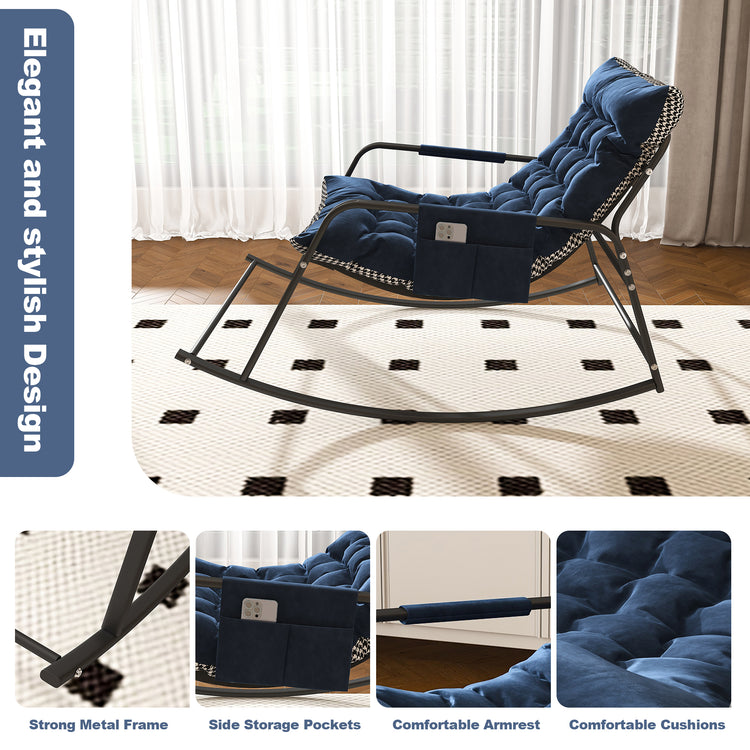Blue rocking chair with quilted design in a room setting, featuring text on design and features.