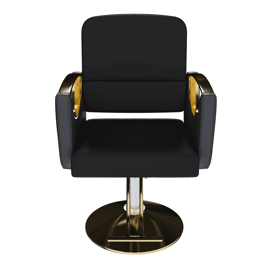 Close-up of black salon chair with gold accents and marble flooring