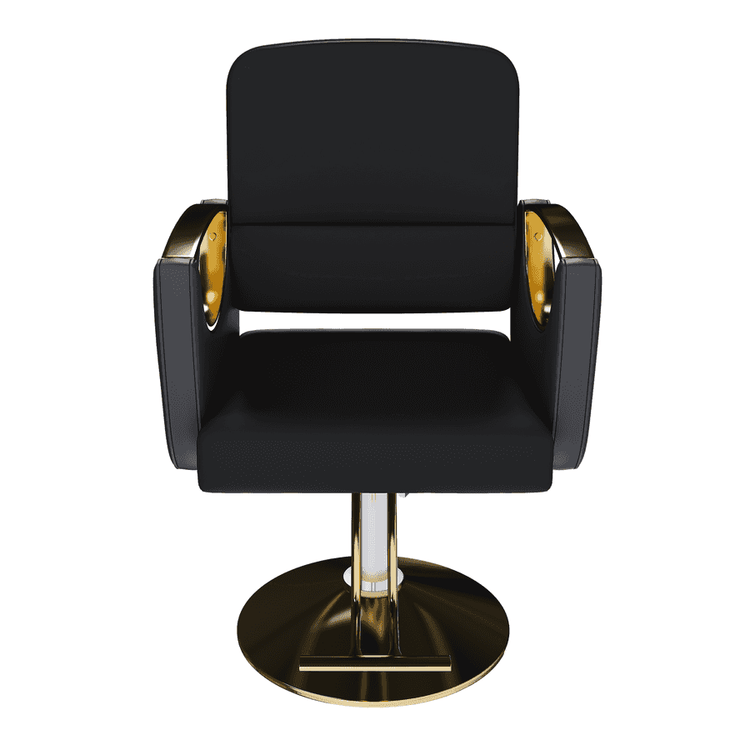 Close-up of black salon chair with gold accents and marble flooring