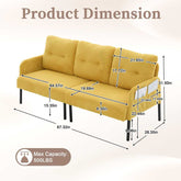 Yellow sofa with dimensions labeled on a beige background