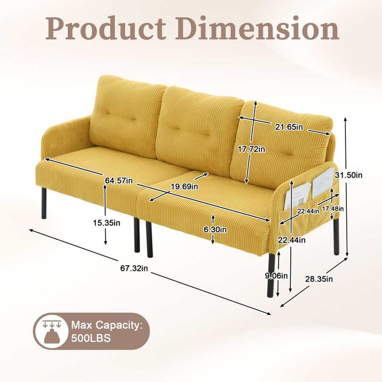 Yellow sofa with dimensions labeled on a beige background