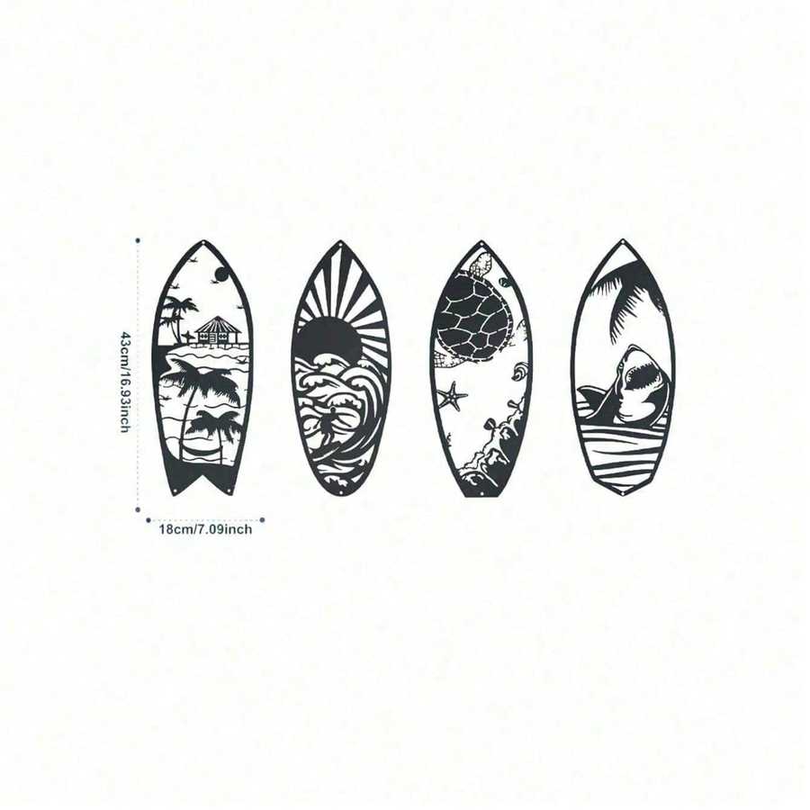 Dimensions of metal surfboard wall art set shown with 43cm height and 18cm width, featuring four unique coastal-themed iron designs.