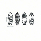 Dimensions of metal surfboard wall art set shown with 43cm height and 18cm width, featuring four unique coastal-themed iron designs.