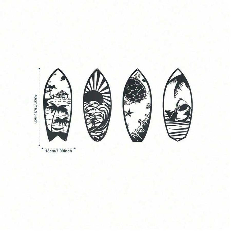 Dimensions of metal surfboard wall art set shown with 43cm height and 18cm width, featuring four unique coastal-themed iron designs.