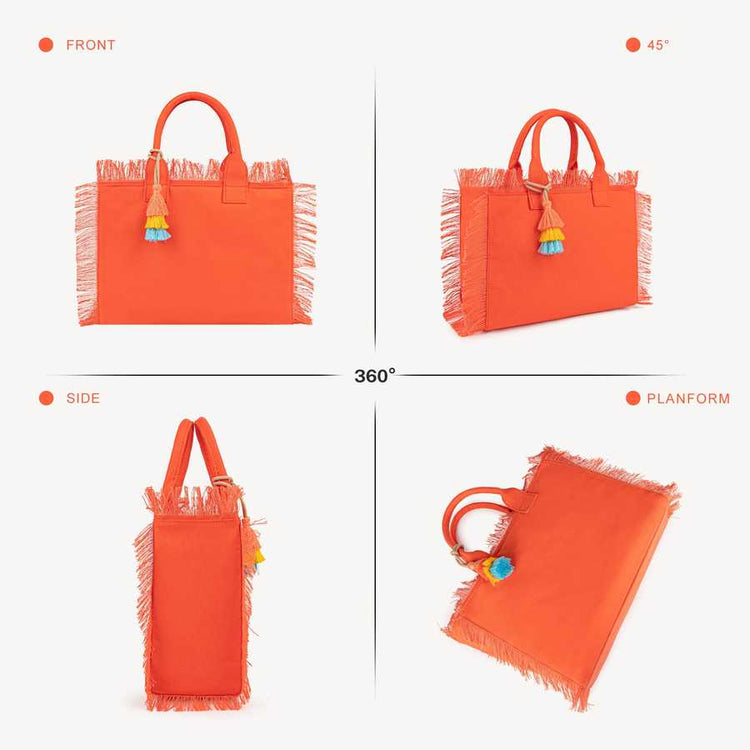 Orange tote bag with fringes and a tassel on a white background