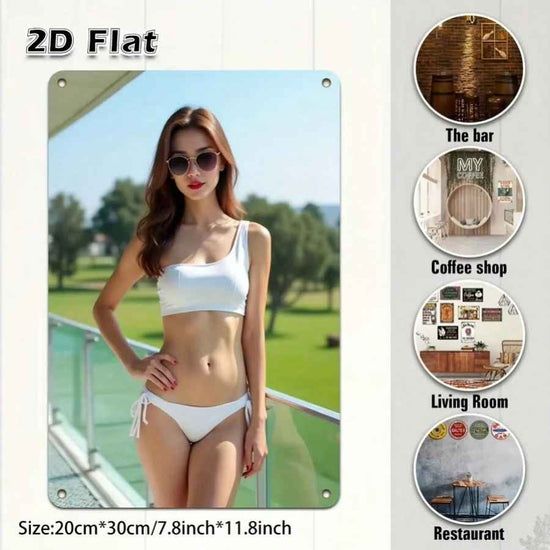 A 2D flat wall art print mockup showing a woman in a white bikini standing on a balcony with a green outdoor background. The image includes text stating &