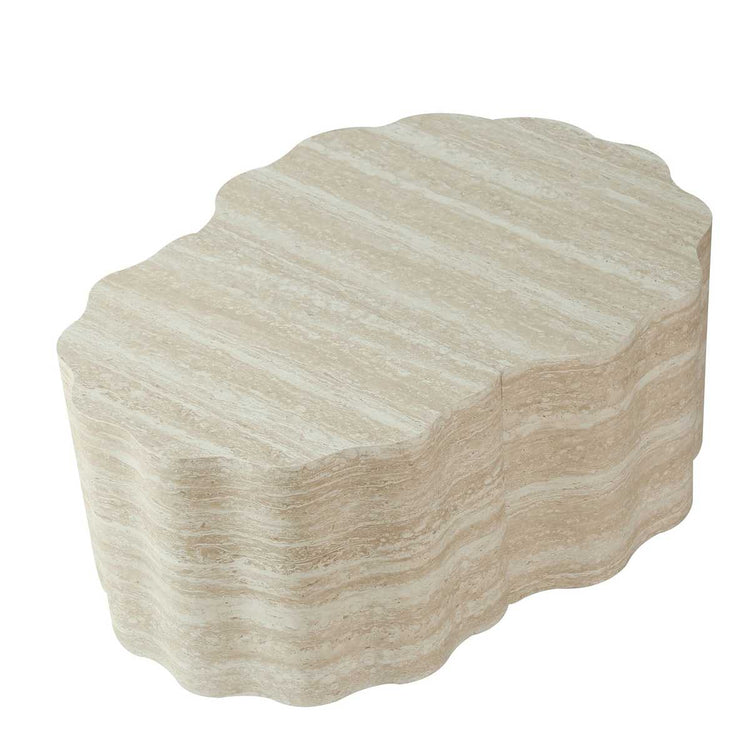 Close-up of beige marble finish on round nesting coffee tables with scalloped edges, ideal for stylish living room accents
