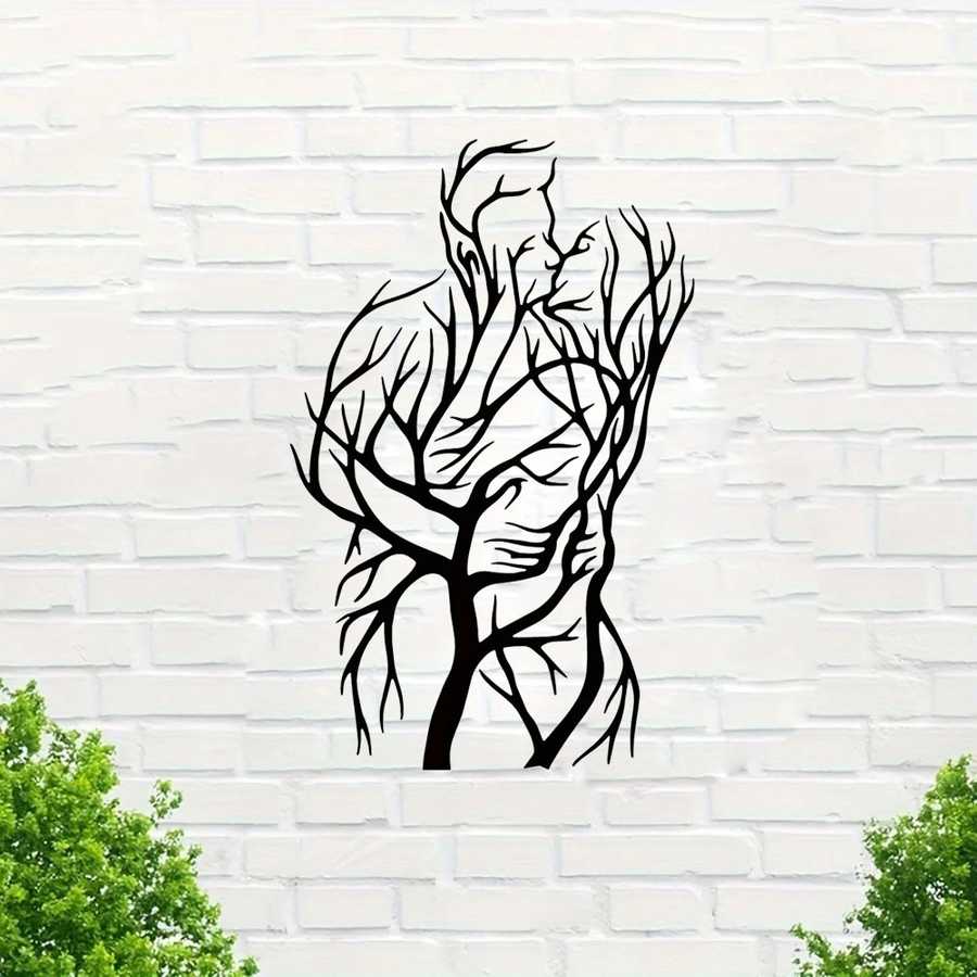 Abstract Tree of Love Wall Art sculpture on a white brick wall, symbolizing love through intertwined tree branches for outdoor spaces.