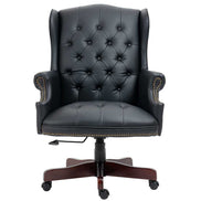 Black leather office chair with tufted backrest on a white background
