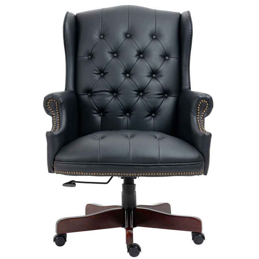 Black leather office chair with tufted backrest on a white background