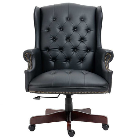 Black leather office chair with tufted backrest on a white background