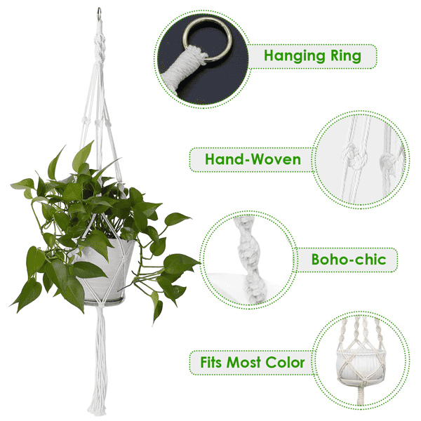 Indoor outdoor hanging planter basket with macrame design and green plant