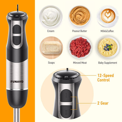 FUNAVO hand blender, 800W 5-in-1 Immersion Hand Blender,12-Speed Multi-function Stick Blender with 500ml Chopping Bowl, Whisk MLNshops]