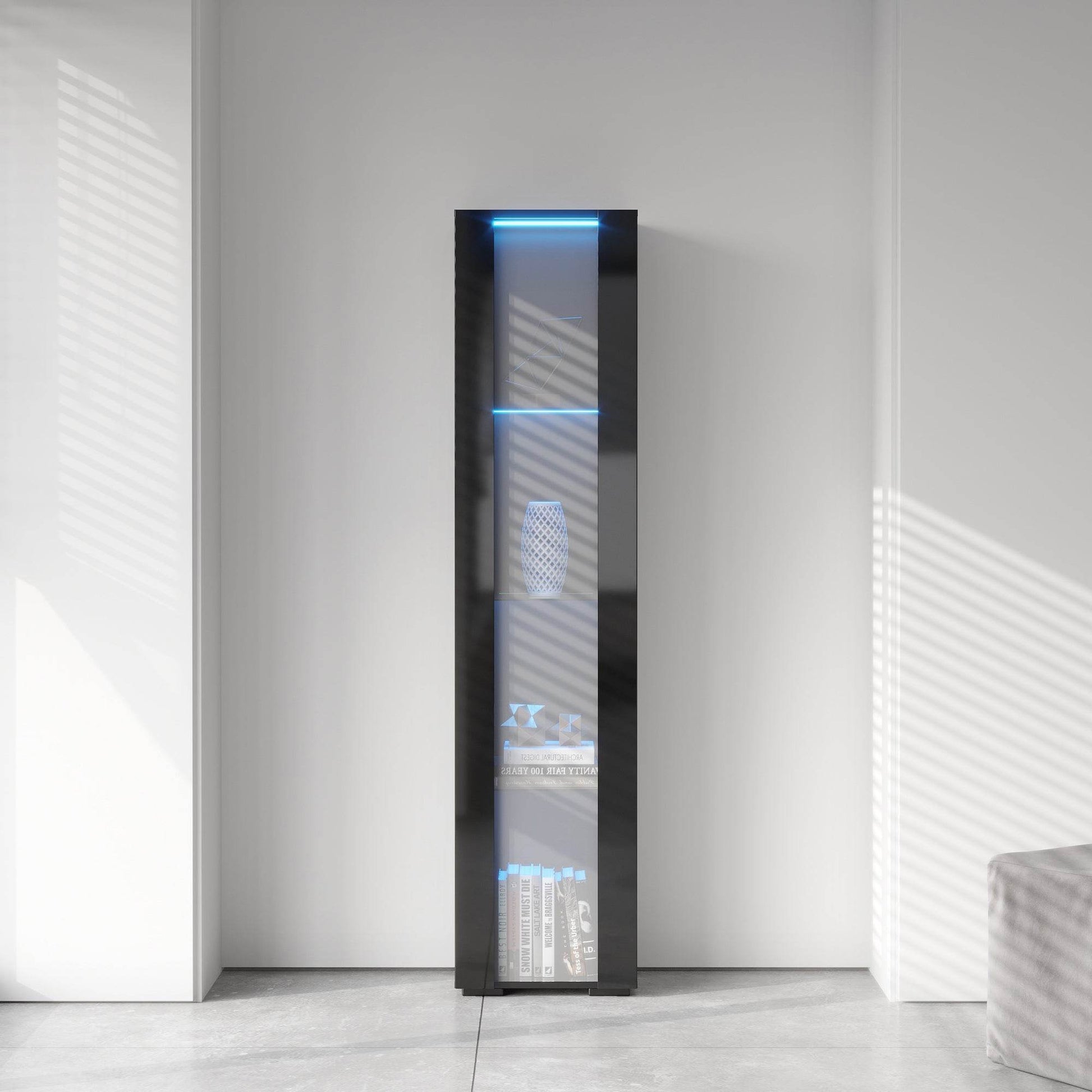 MLNshops modern side cabinet with LED lighting, Tall Glass Default