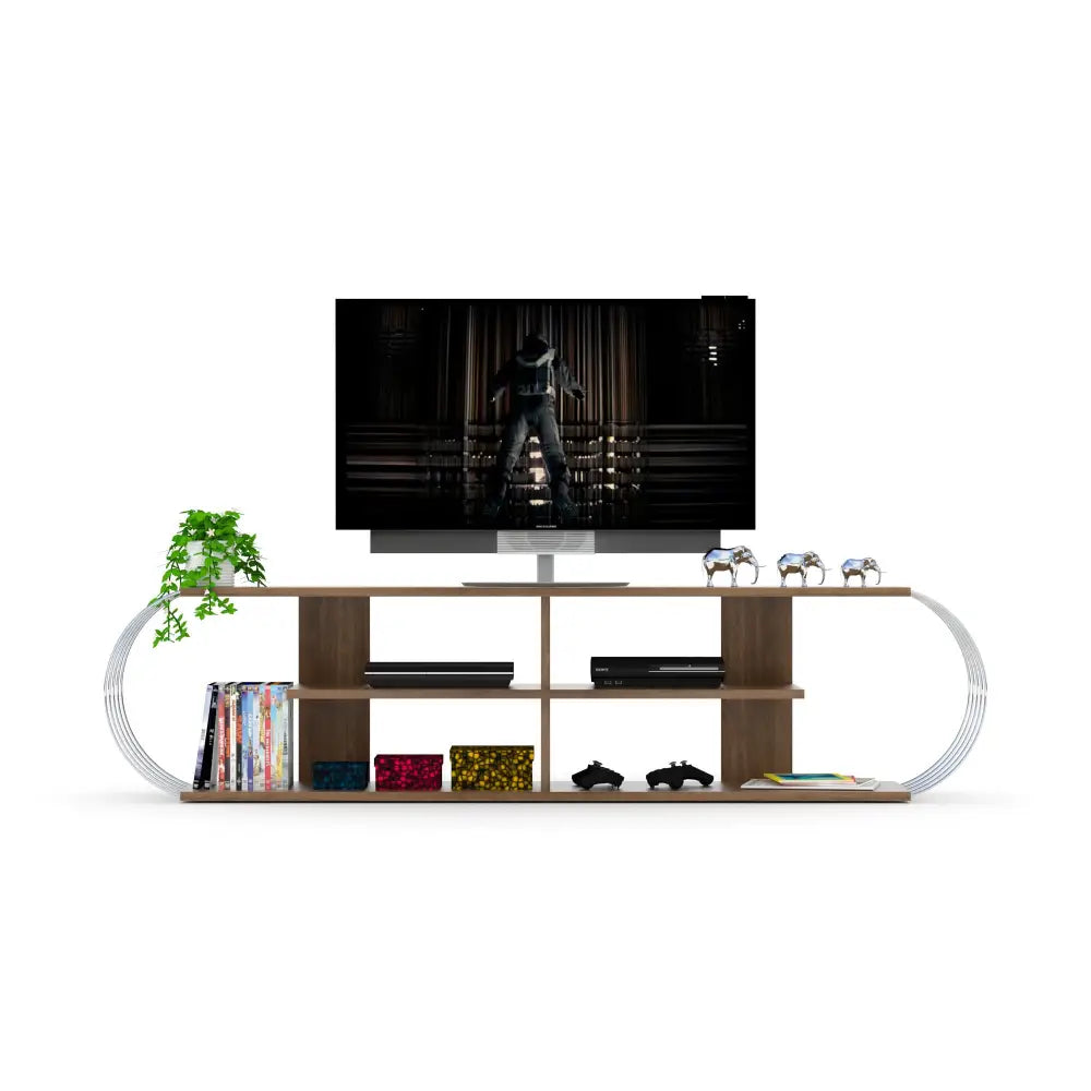 Furnis Home Store Mid Century Modern Tv Stand 4 Shelves Open Storage Entertainment Centre 68 inch Tv Unit, Walnut/Chrome MLNshops]