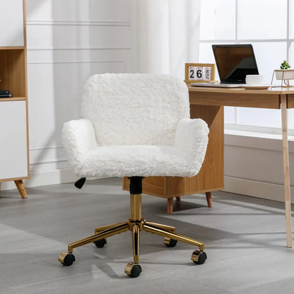 Furniture Office Chair,Artificial rabbit hair Home Office Chair with Golden Metal Base,Adjustable Desk Chair Swivel Office Chair,Vanity Chair(Beige) MLNshops]