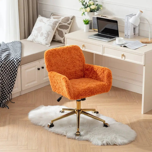 Furniture Office Chair,Artificial rabbit hair Home Office Chair with Golden Metal Base,Adjustable Desk Chair Swivel Office Chair,Vanity Chair(Orange) MLNshops]