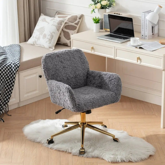 Furniture Office Chair,Artificial rabbit hair Home Office Chair with Golden Metal Base,Adjustable Desk Chair Swivel Office Chair,Vanity Chair(Gray) MLNshops]