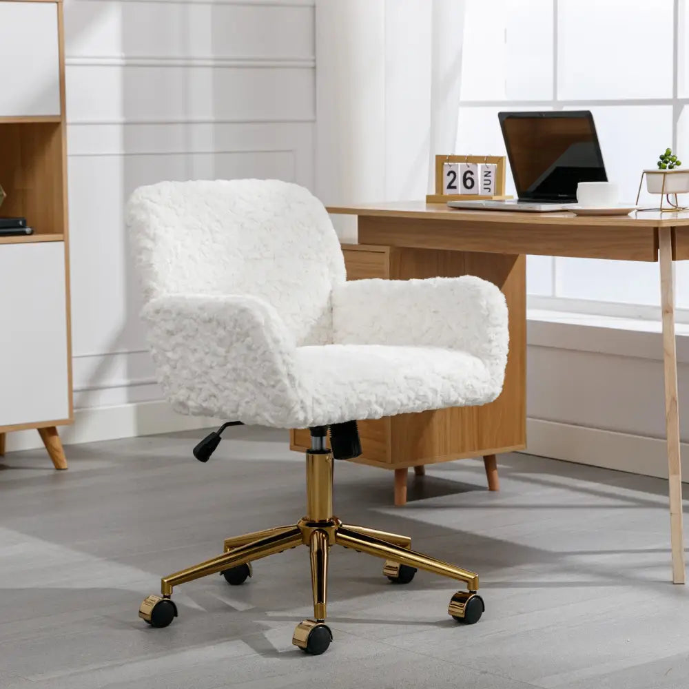 Furniture Office Chair,Artificial rabbit hair Home Office Chair with Golden Metal Base,Adjustable Desk Chair Swivel Office Chair,Vanity Chair(Beige) MLNshops]