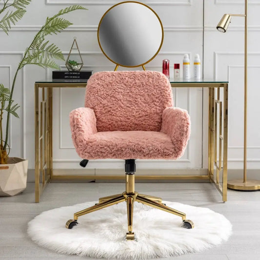 Furniture Office Chair,Artificial rabbit hair Home Office Chair with Golden Metal Base,Adjustable Desk Chair Swivel Office Chair,Vanity Chair(Pink) MLNshops]