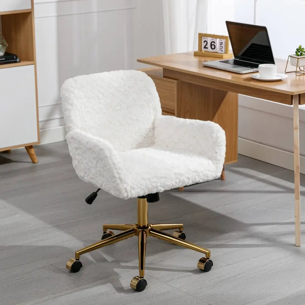 Furniture Office Chair,Artificial rabbit hair Home Office Chair with Golden Metal Base,Adjustable Desk Chair Swivel Office Chair,Vanity Chair(Beige) MLNshops]