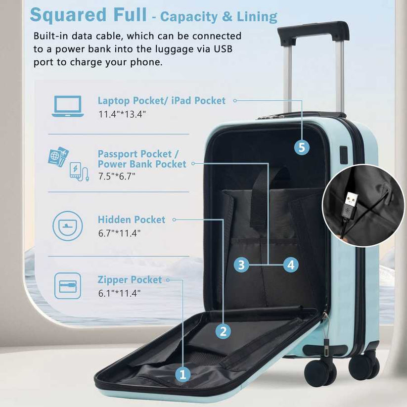 Front Opening Luggage Set Interior with Laptop Pocket and USB Charging