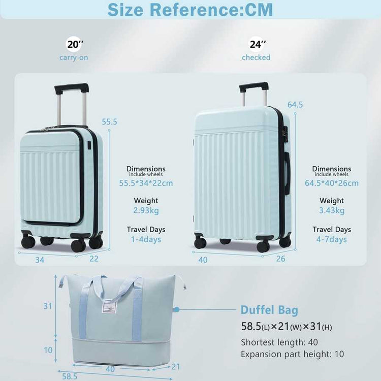 MLNshops front opening luggage set - USB, spinner & duffel