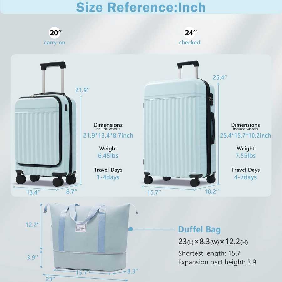 MLNshops front opening luggage set - USB, spinner & duffel