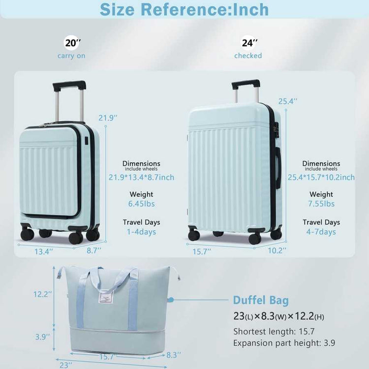 MLNshops front opening luggage set - USB, spinner & duffel