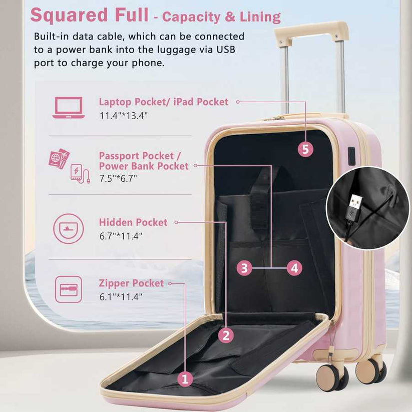 Pink luggage set interior with compartments for laptop, passport, and USB charging