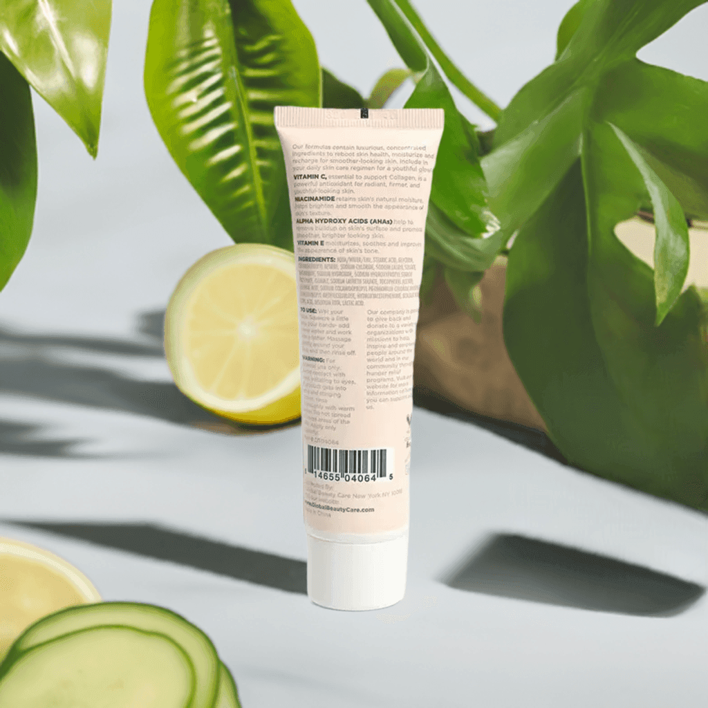Tube of skincare product with lemon and cucumber slices on a light background