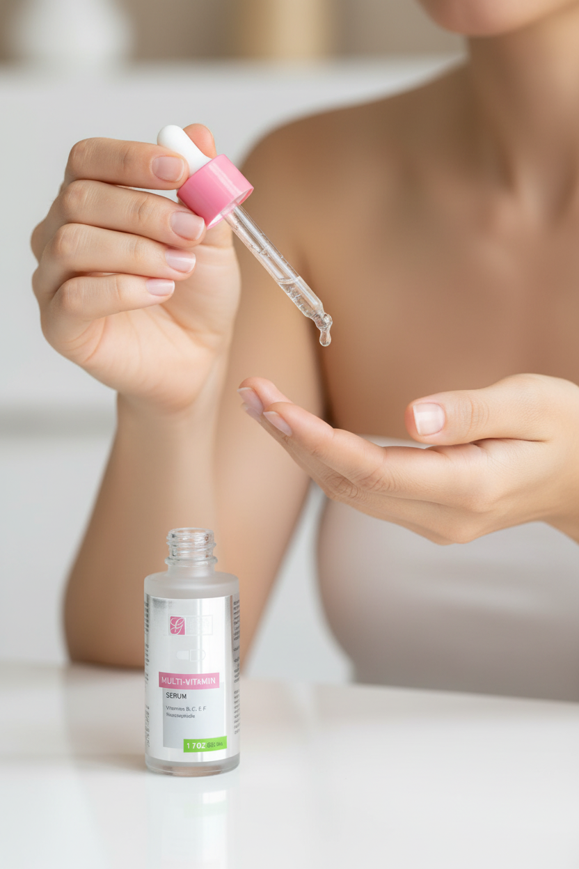 Person holding a dropper bottle with a skincare product on a white background