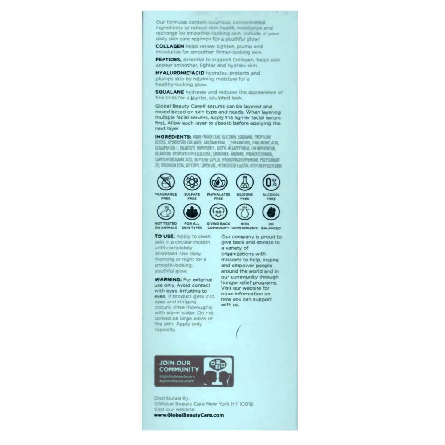 Back of a skincare product packaging with text and icons on a light blue background