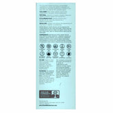 Back of a skincare product packaging with text and icons on a light blue background
