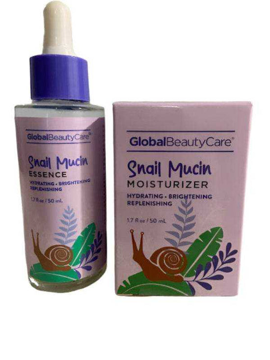 Snail Mucin Essence bottle and moisturizer with Global Beauty Care branding on a white background