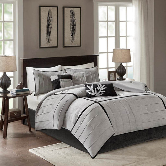 7 Piece Faux Suede Comforter Set Grey Queen Default