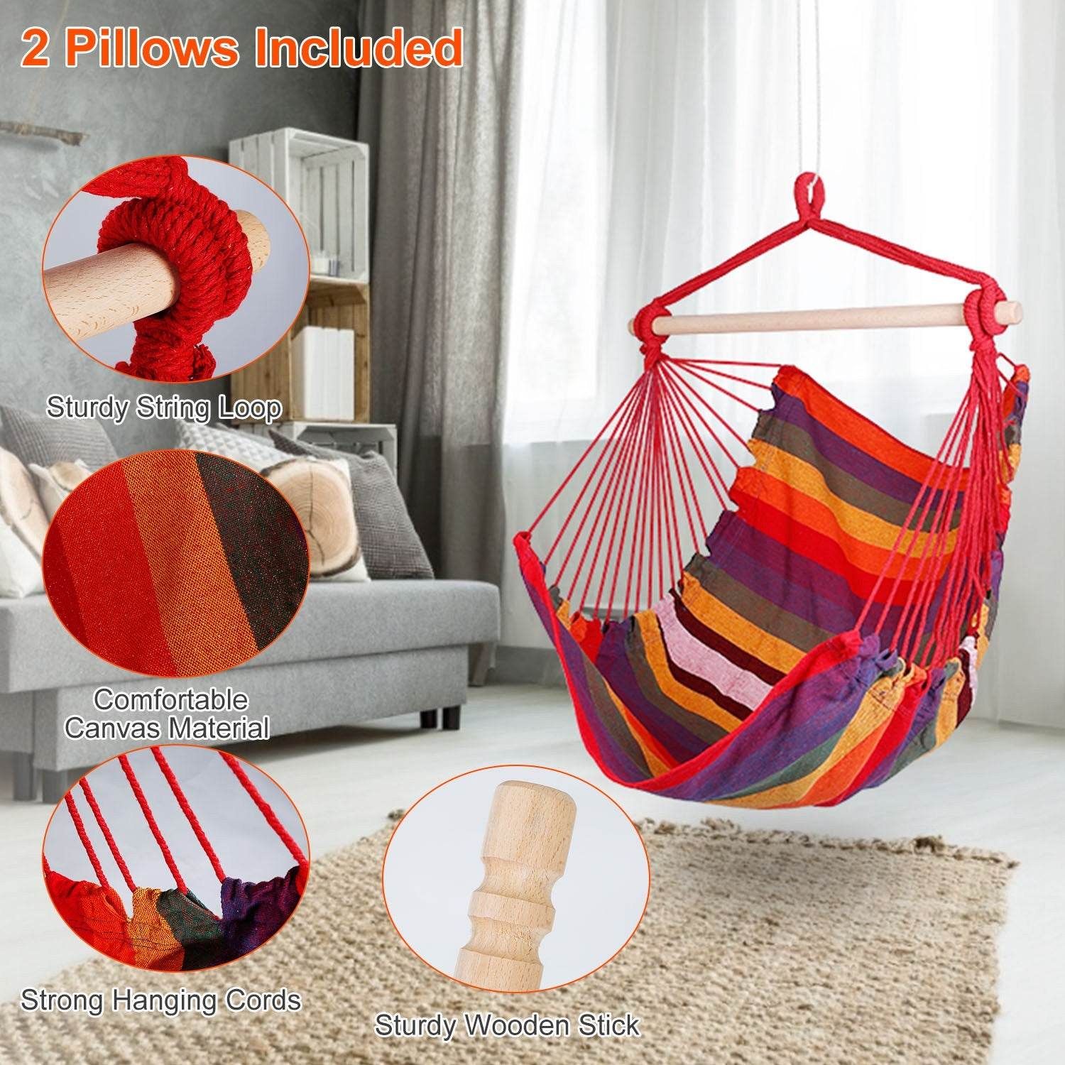 MLNshops Hammock Swing Seat with Pillows - Colorful Rope Chair