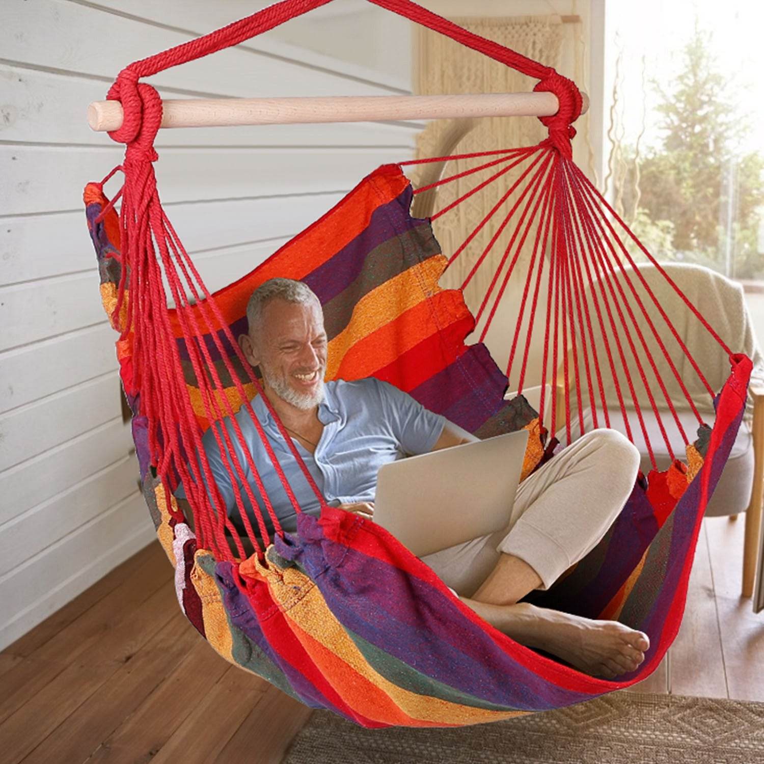 MLNshops Hammock Swing Seat with Pillows - Colorful Rope Chair