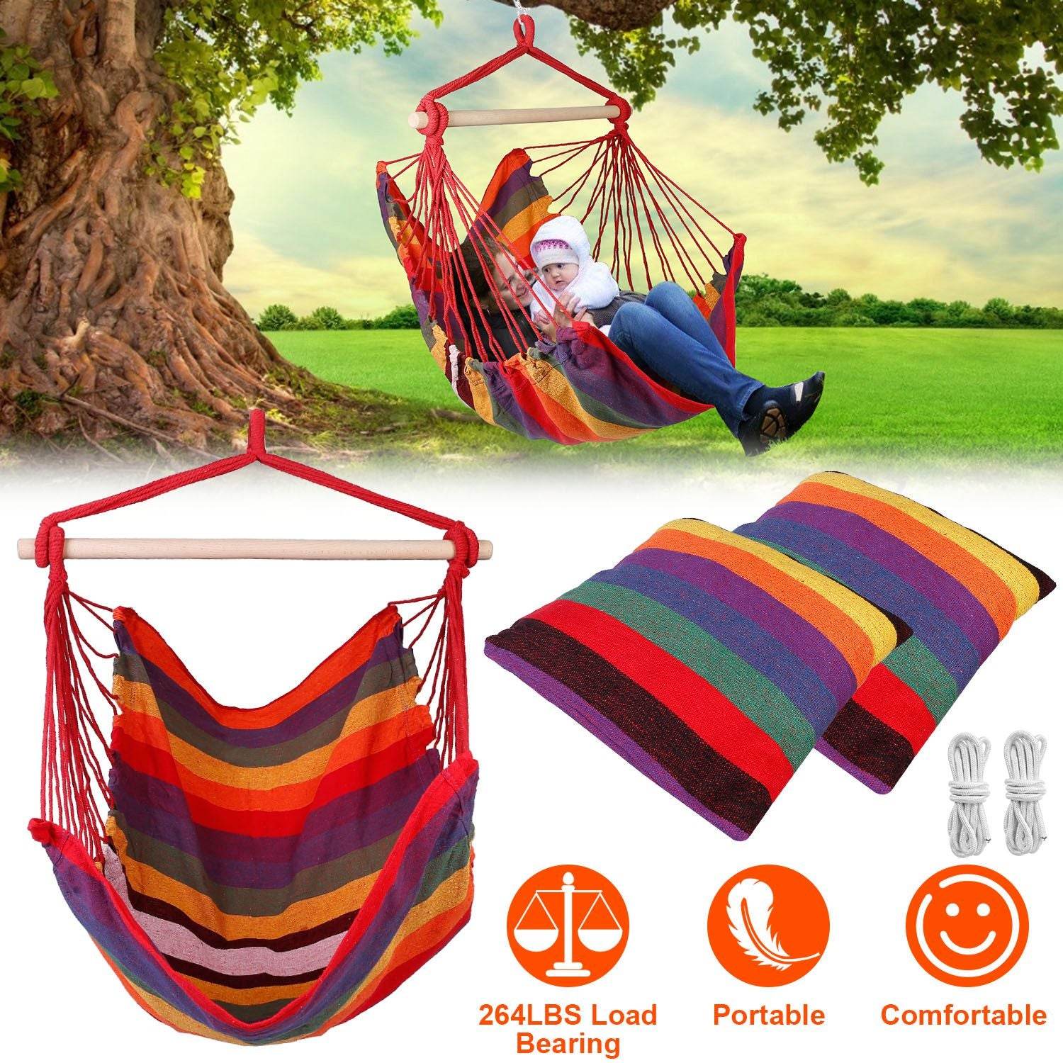 MLNshops Hammock Swing Seat with Pillows - Colorful Rope Chair