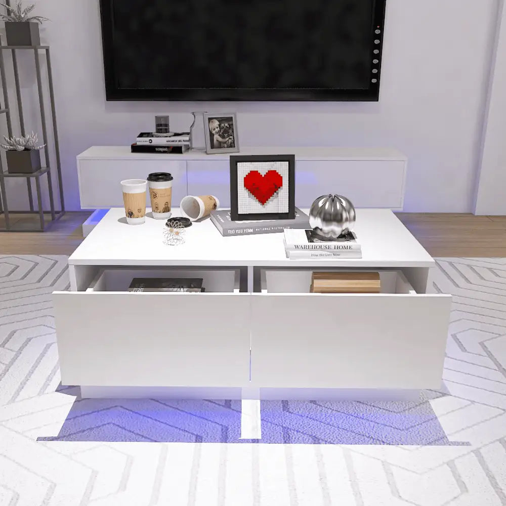 High Glossy Coffee Table with 2 Drawers has RGB LED light with Bluetooth Control MLNshops]