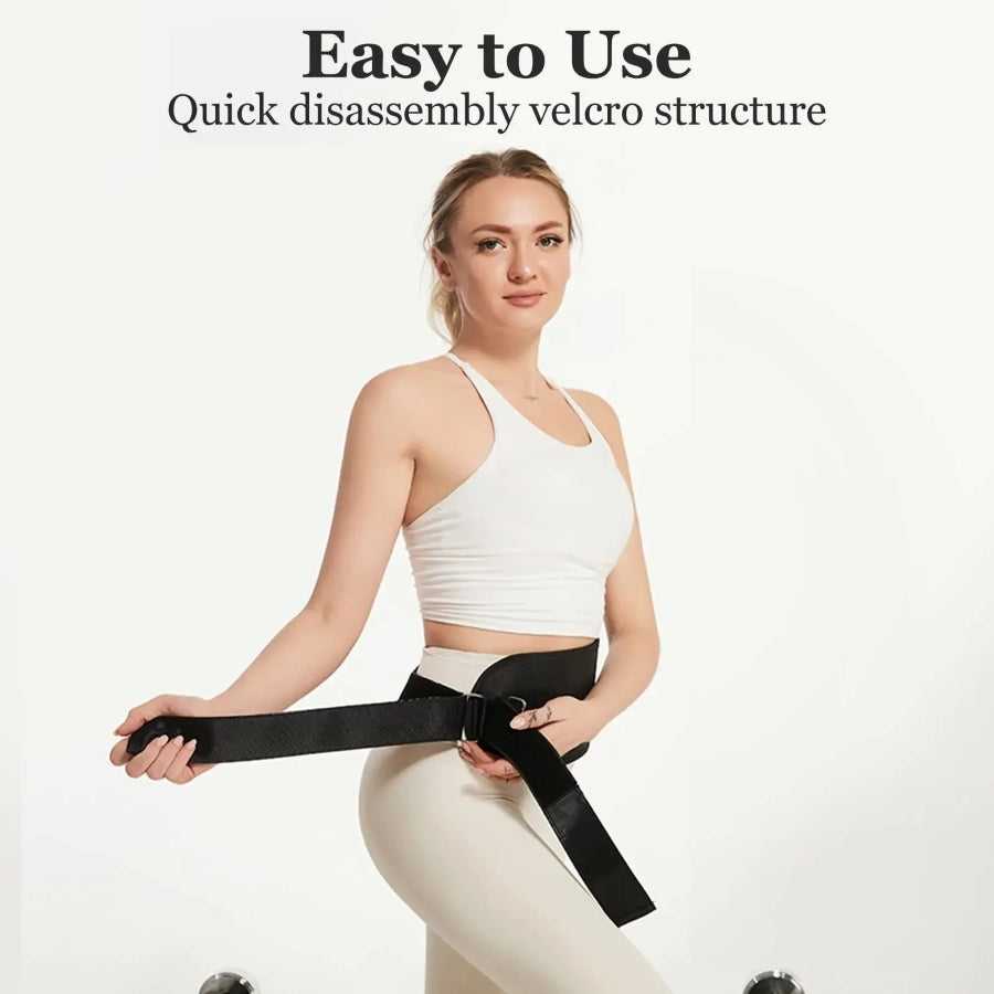 Woman wearing a black belt with text about quick disassembly velcro structure on a white background