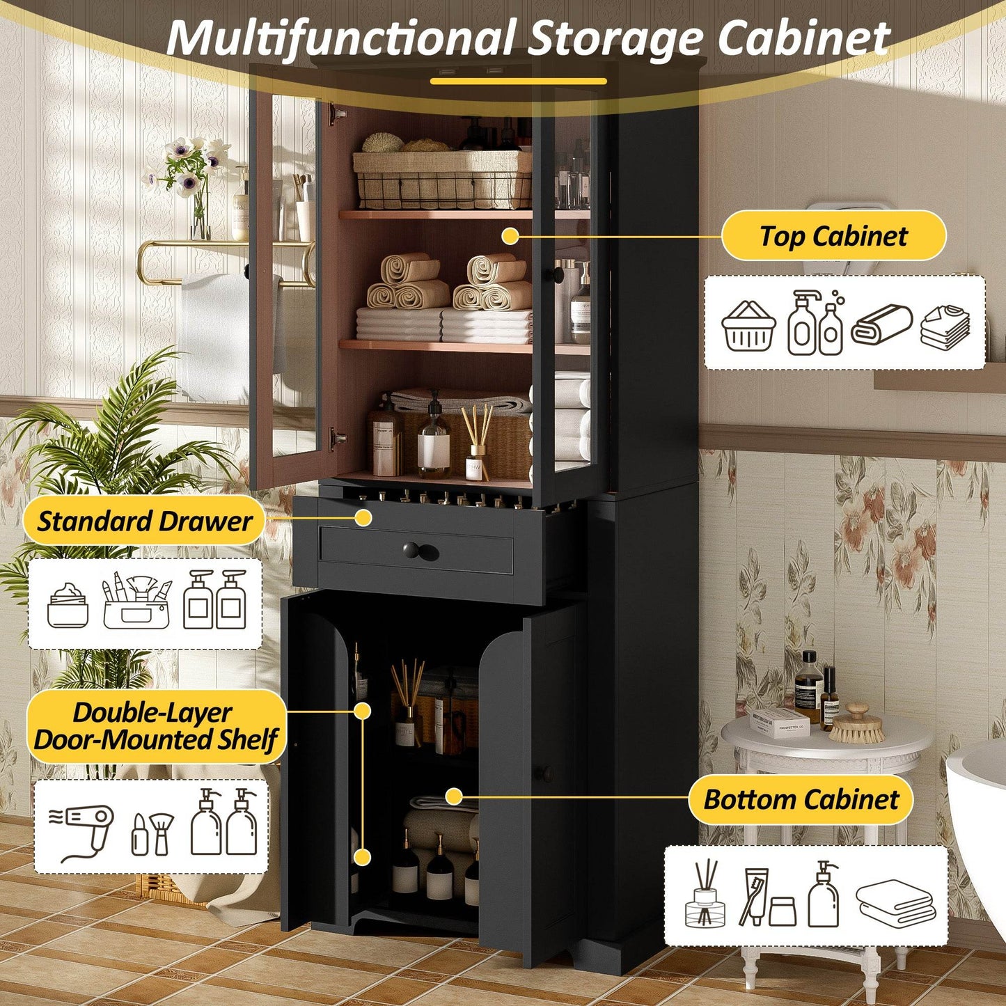 MLNshops 67 inch bathroom linen cabinet - Black Tall Storage