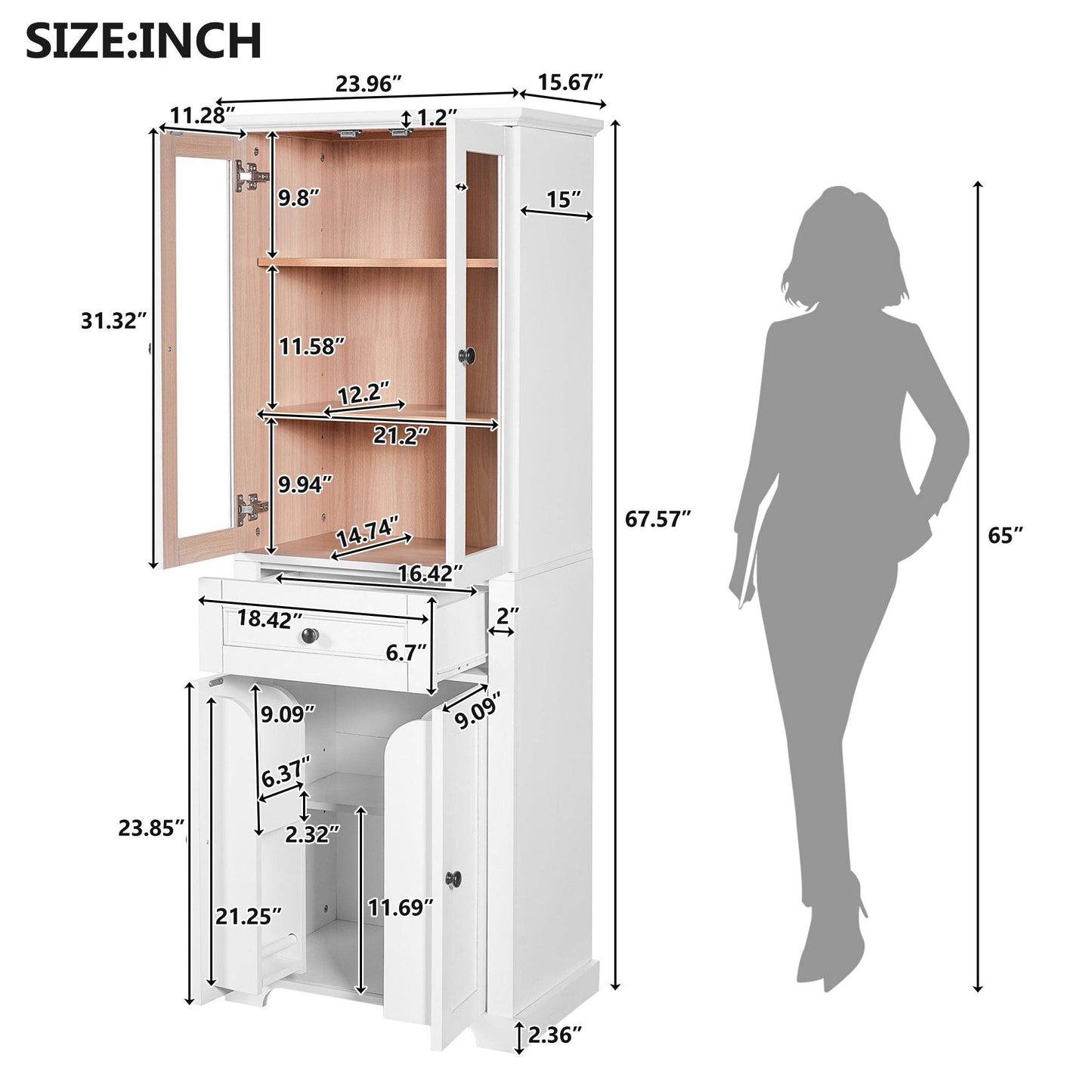 MLNshops tall bathroom storage cabinet - White, Glass Doors