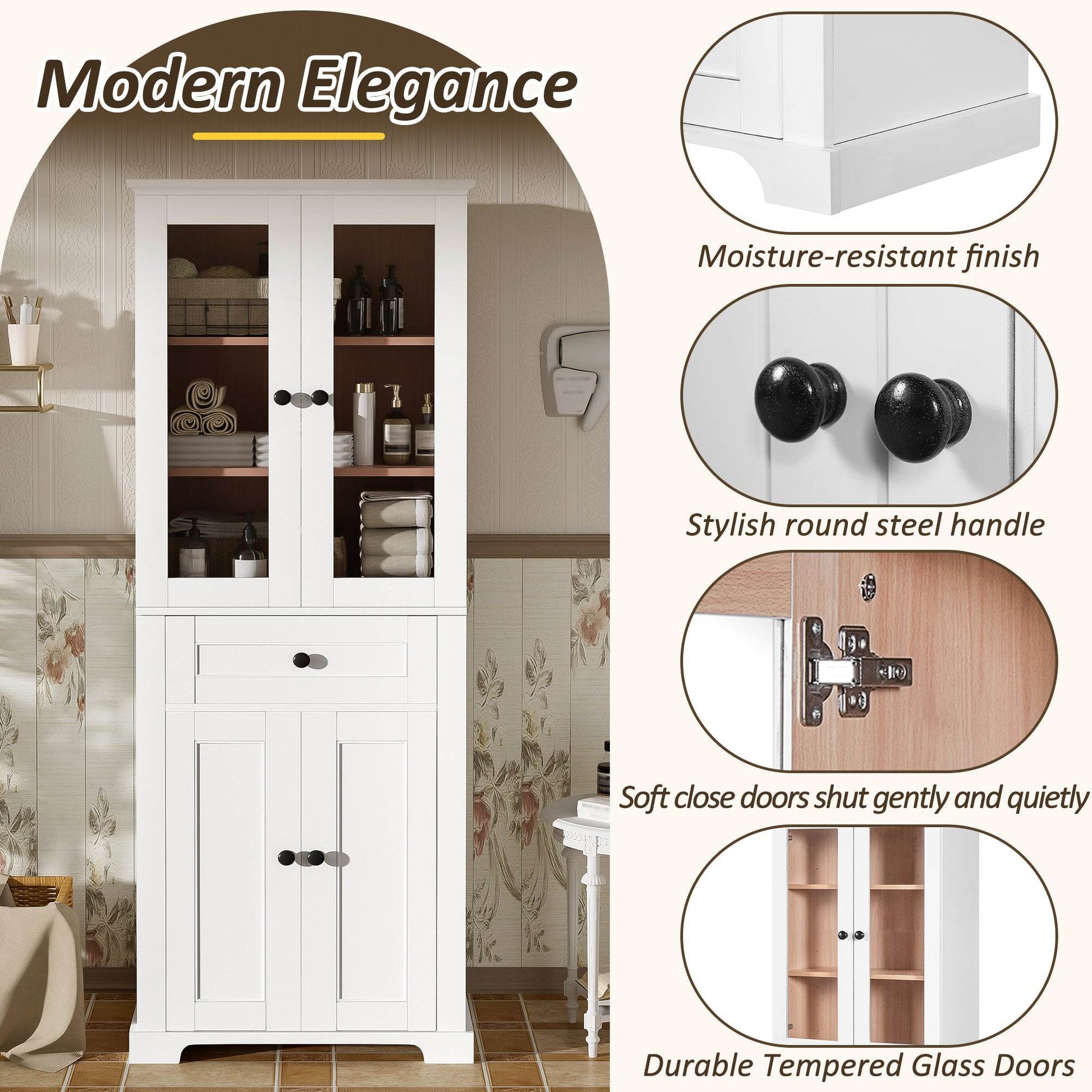 MLNshops tall bathroom storage cabinet - White, Glass Doors