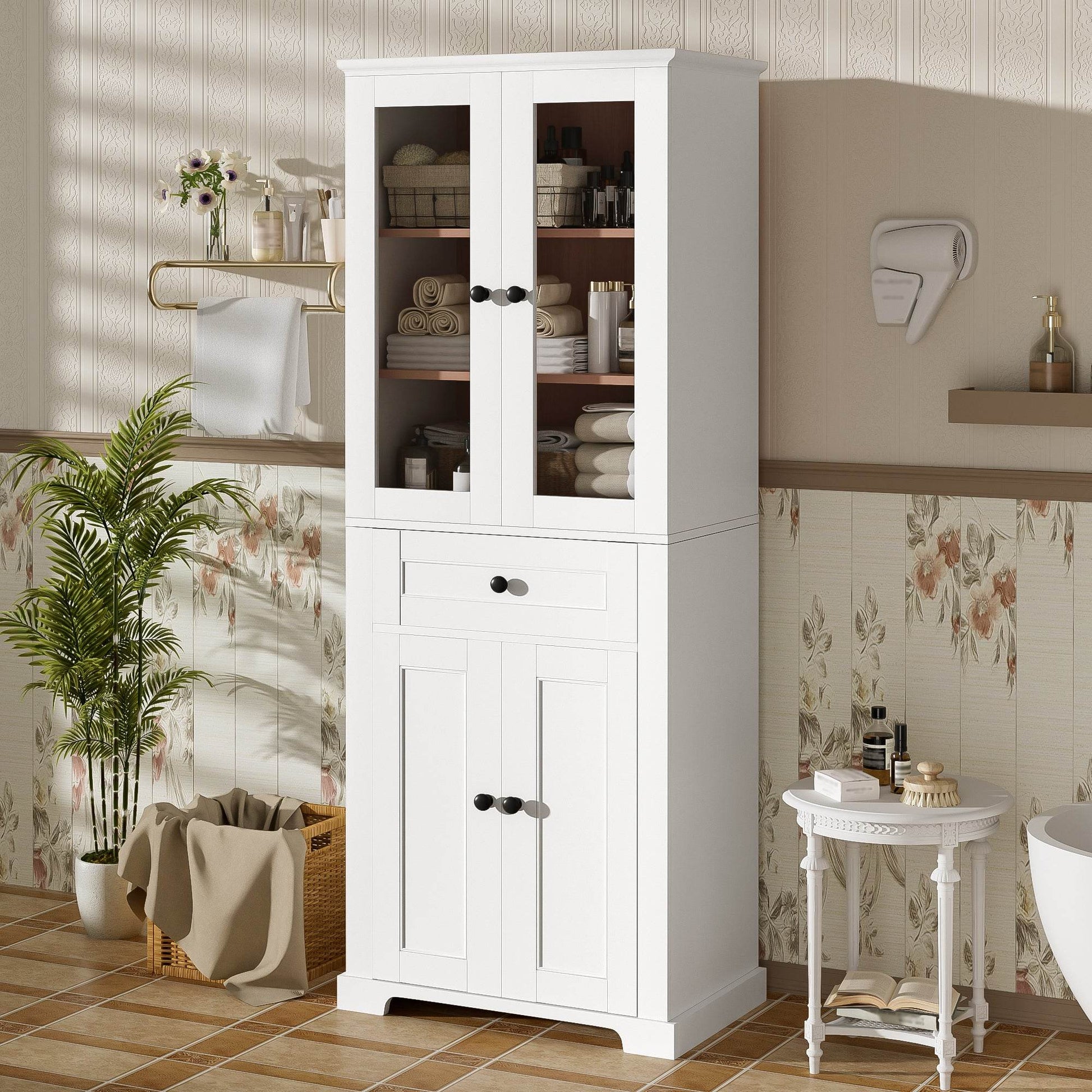 MLNshops tall bathroom storage cabinet - White, Glass Doors